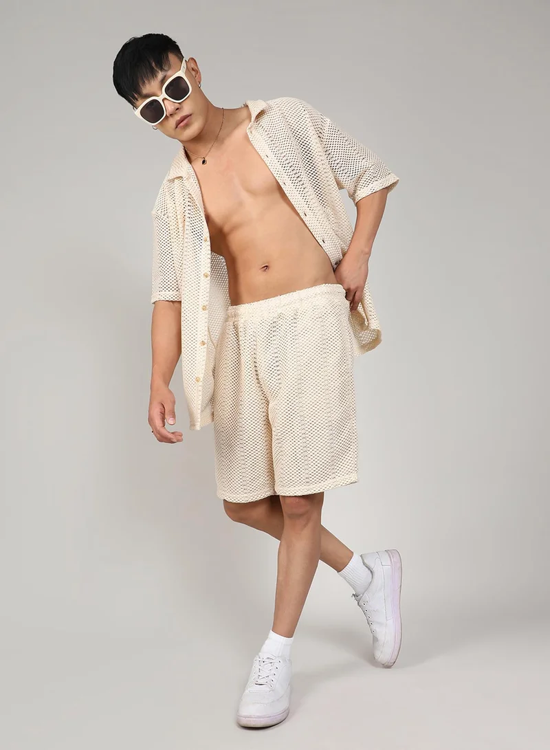 CAHOOT  Men's Ivory White Crochet Co-Ord Set For Casual Wear | Spread Collar | Short Sleeve | Button Closure | Co-Ords Crafted With Comfort Fit For Everyday Wear for Men | Best Price UAE